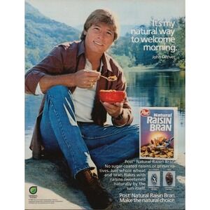 John Denver Post Natural Raisin Bran Breakfast Cereal Celebrity Print Ad 1986
